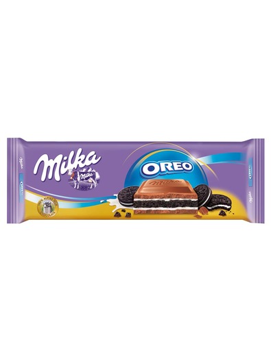 Milka Oreo Алпийски млечен шоколад с пълнеж от млечен крем (38%) с ванилия и шоколадови бисквити (16%) 300 гр