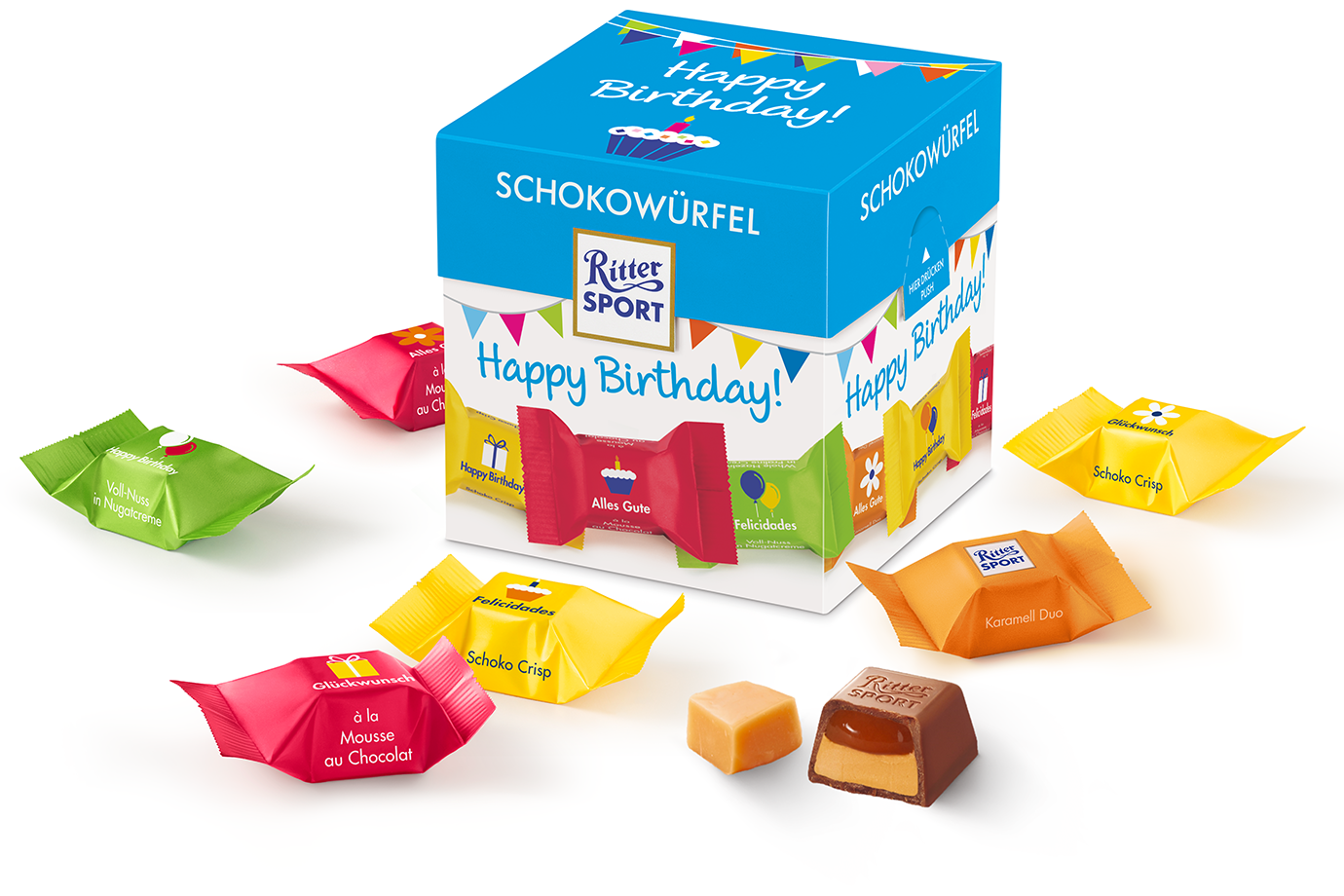 Продуктови Категории Шоколади Ritter sport Рожден ден 22 бонбона 176 gr.