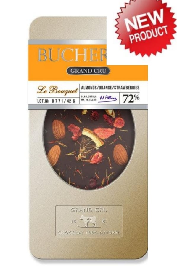 BUCHERON Черен шоколад с бадеми, портокал и ягоди 100 гр., Продуктови ...