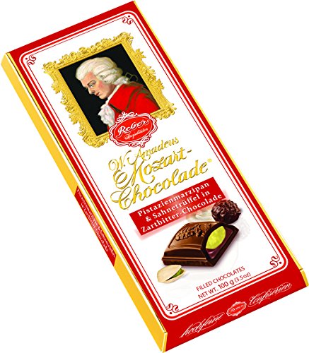 Reber Mozart Черен шоколад с пълнеж от марципан от шам фъстък и трюфел 98 гр