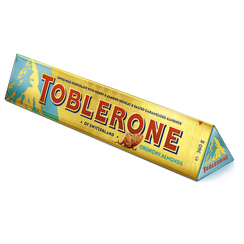 Toblerone Швейцарски млечен шоколад със солени карамелизирани бадеми (14%) с мед и бадемова нуга (8%) 360 гр.