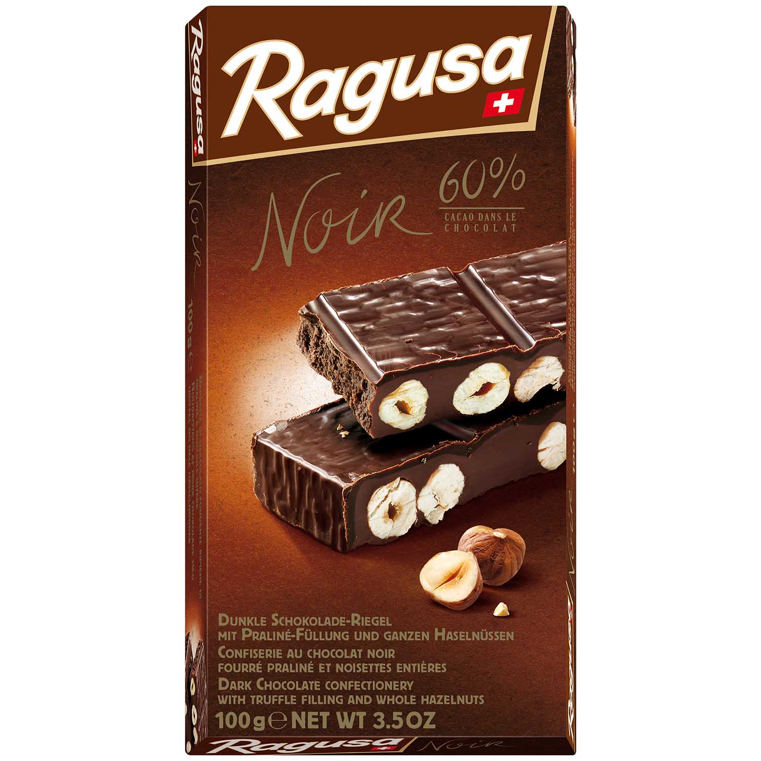 Ragusa Noir тъмен шоколад с пълнеж от пралина и цели лешници 100 гр