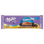 name} Шоколади Milka Oreo Алпийски млечен шоколад с пълнеж от млечен крем (38%) с ванилия и шоколадови бисквити (16%) 300 гр