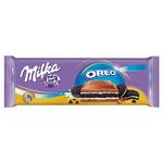 name} Шоколади Milka Oreo Алпийски млечен шоколад с пълнеж от млечен крем (38%) с ванилия и шоколадови бисквити (16%) 300 гр