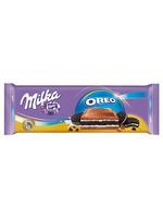 Milka Oreo Алпийски млечен шоколад с пълнеж от млечен крем (38%) с ванилия и шоколадови бисквити (16%) 300 гр