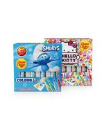 Chupa Chups комплект с 4 ягодови близалки, 4 флумастера и 1 книжка за оцветяване - Смърфове или Hello Kitty